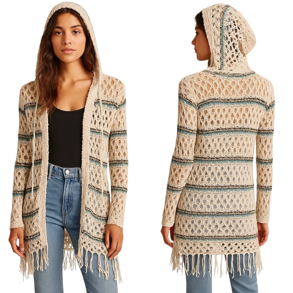 Free People Cream Open-Knit Fringe Hooded Duster Cardigan Boho Sweater Size XS